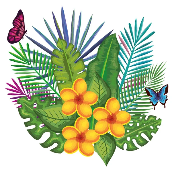 Flores tropicales y exóticas con mariposas — Vector de stock