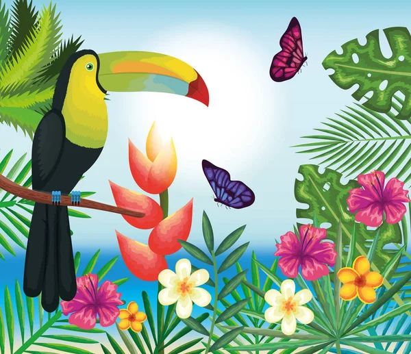 Tropical and exotics flowers with toucan — Stock Vector