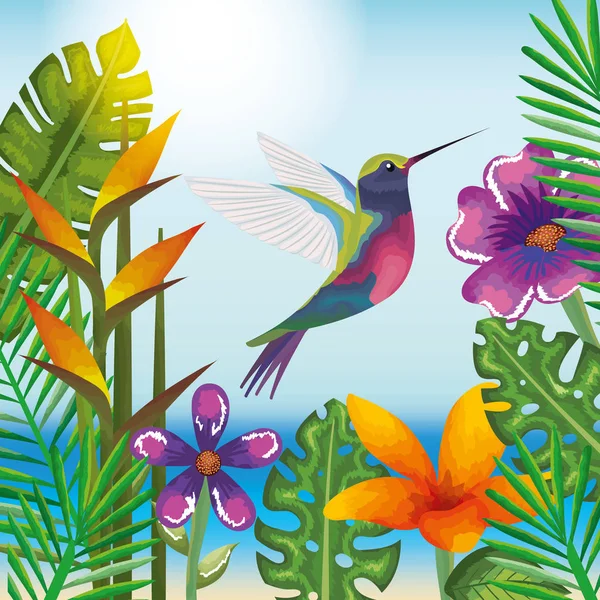Exotické a tropické zahradě s kolibřík — Stockový vektor