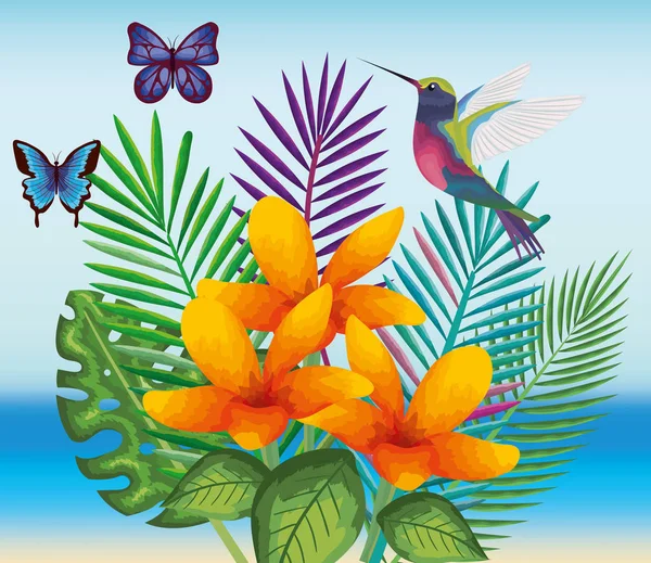 Tropische en exotische tuin met kolibrie — Stockvector