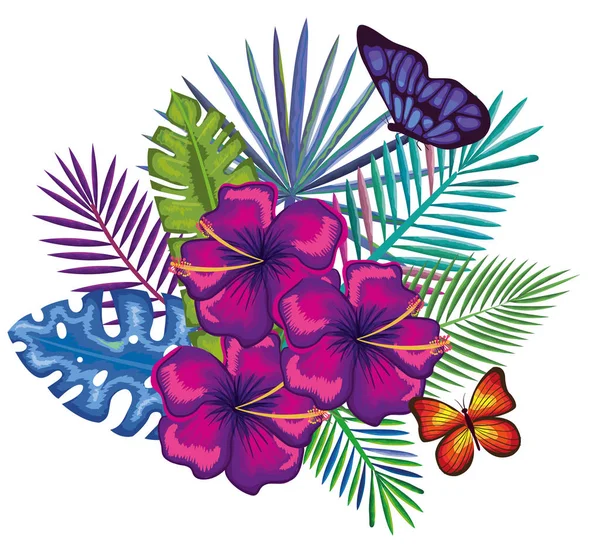 Fleurs tropicales et exotiques avec des papillons — Image vectorielle