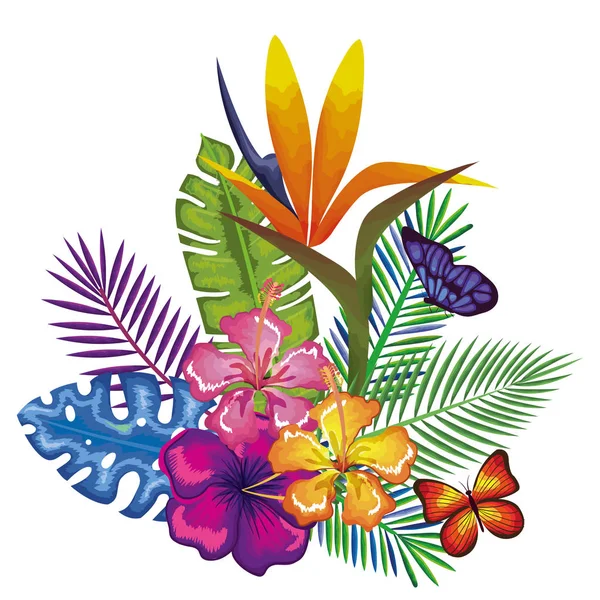 Tropiska och exotiska blommor med fjärilar — Stock vektor