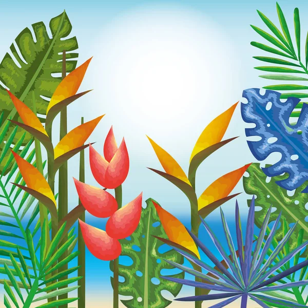 Τροπικές και εξωτικά λουλούδια και φύλλα πάνω από το φόντο παραλία — Διανυσματικό Αρχείο