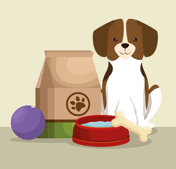 Köpek ile kemik ve gıda torbası evde beslenen hayvan dostça — Stok Vektör