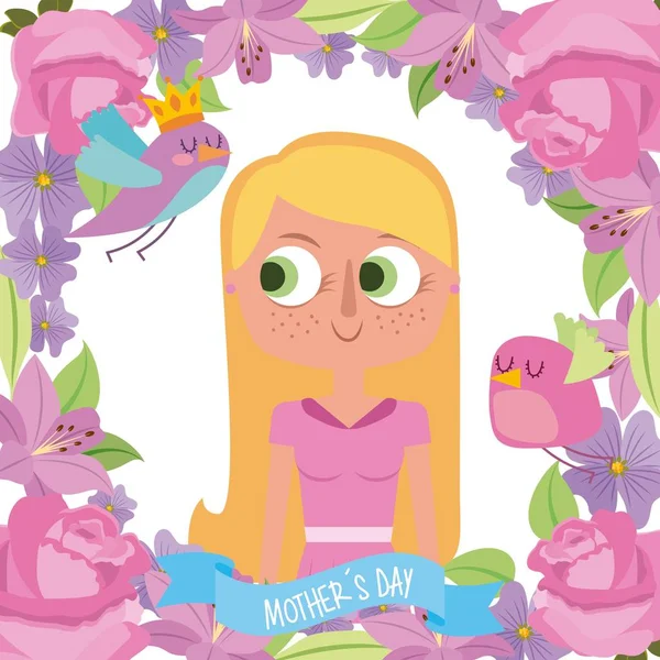 かわいい金髪女性花枠鳥花母の日 — ストックベクタ