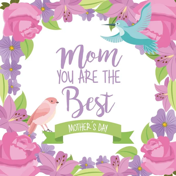 Mamá las mejores madres día pájaro cinta flores marco decoración — Vector de stock