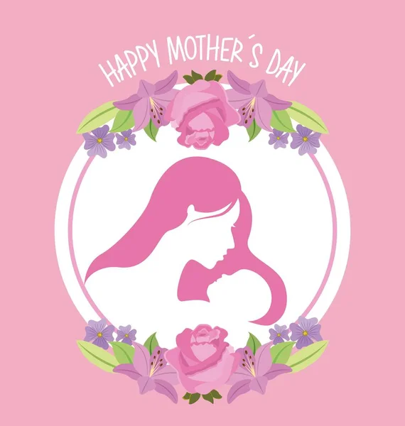 Silhouet moeder en baby in label floral Moederdag — Stockvector