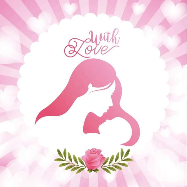 Lindo etiqueta mujer y bebé con amor floral corazones borrosa fondo — Vector de stock