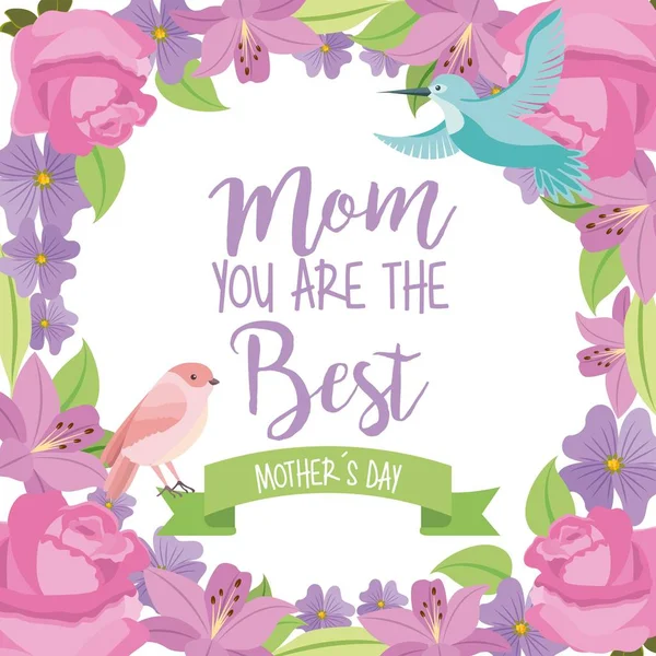 Mamá usted es mejor pájaro cinta floral delicada elegancia — Vector de stock