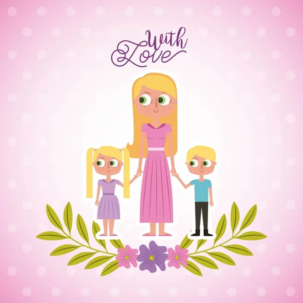 Blonde mother holding her childs with love card floral decoration — Stock Vector