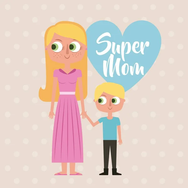 Lindo dibujos animados feliz mujer y niña super mamá tarjeta de corazón — Vector de stock