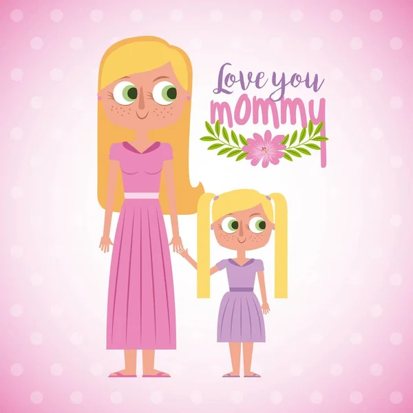 Cute woman and daugther love you momy floral card — Stock Vector