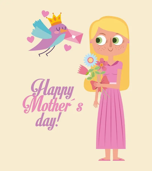 Drăguț pasăre da mesaj o femeie fericită carte de zi mama — Vector de stoc