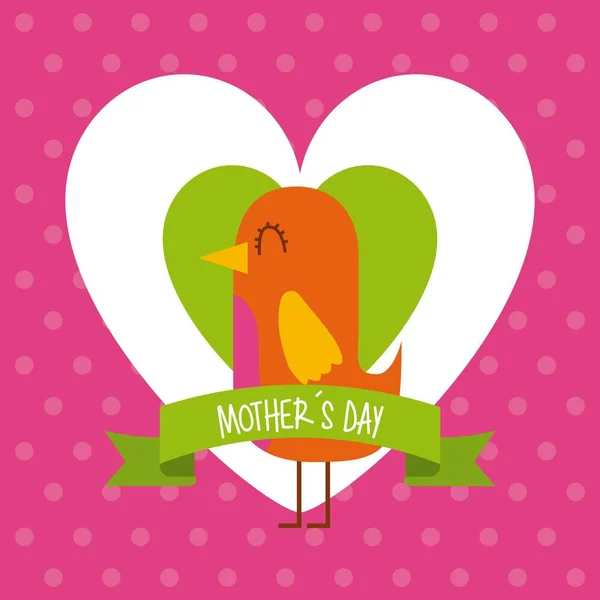 Söt fågel i hjärtan kärlek mors dag prickig bakgrund — Stock vektor