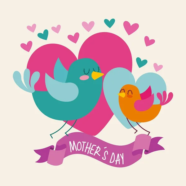 Little birds hearts ribbon wave mothers day — Stock Vector