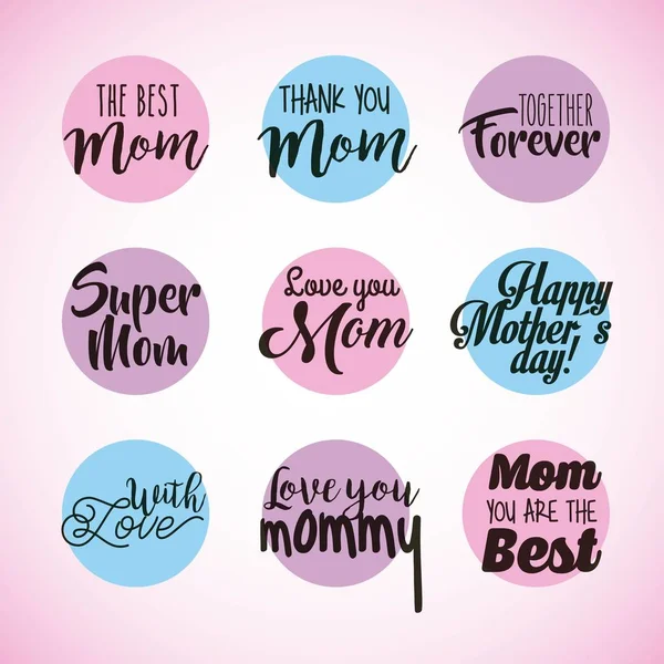 Conjunto de mães felizes dia lettering saudação inscrição cartão redondo — Vetor de Stock