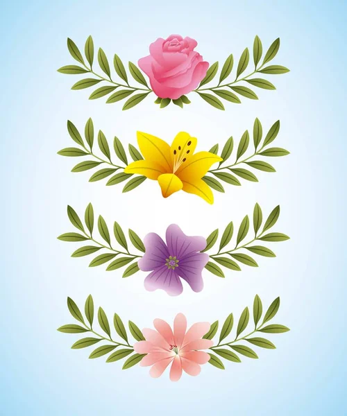 バラ ハイビスカス ツルニチニチソウ繊細な花と枝の葉の装飾 — ストックベクタ