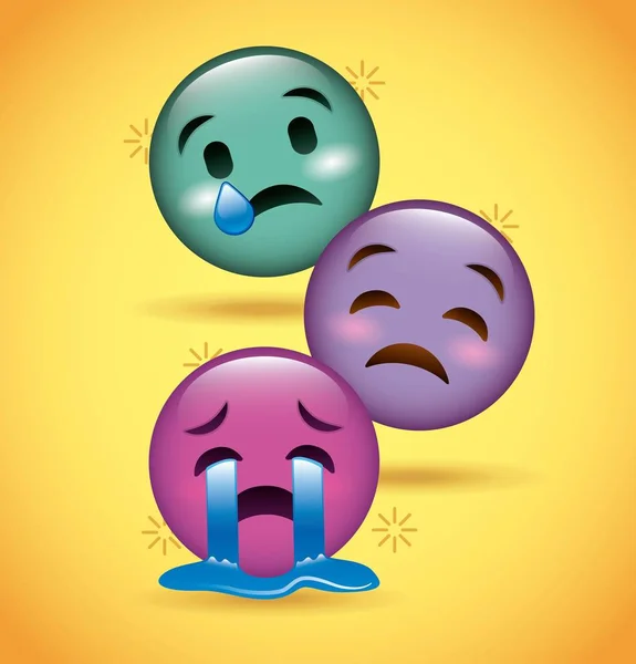 Três sorrisos emoji chorando expressão triste —  Vetores de Stock