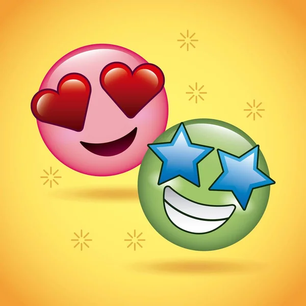 Emoticons δύο χαμόγελο πρόσωπο αστέρι ευτυχισμένη και αγάπη — Διανυσματικό Αρχείο