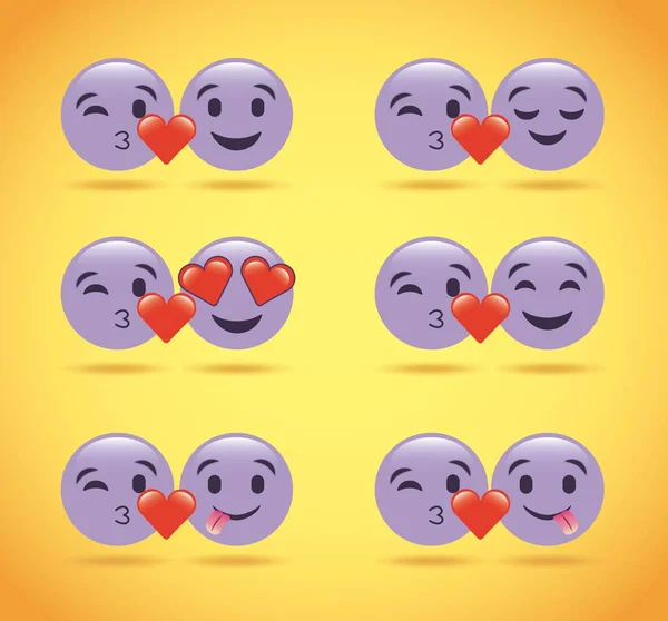 Set van paarse glimlach emoticons liefde harten schattig — Stockvector