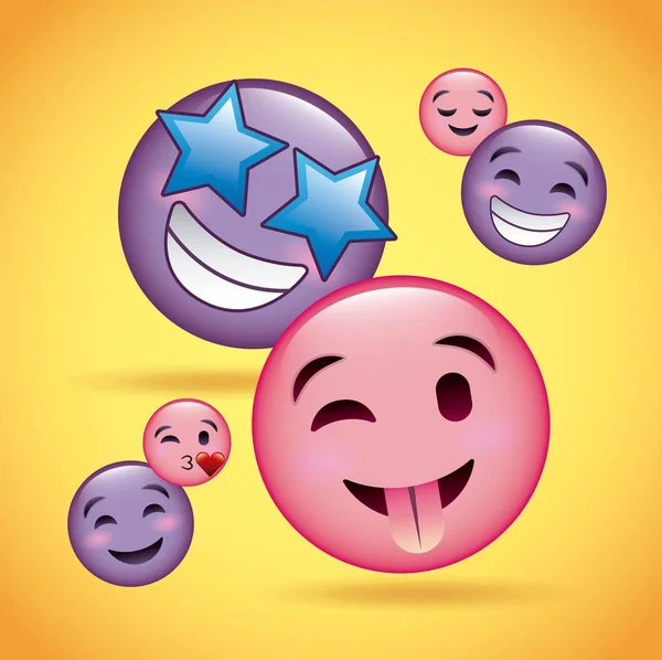 Pink and purple smiles emoji happy smiling love tongue out — Stock Vector