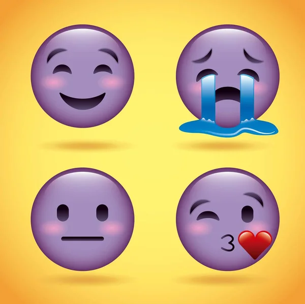 Smiley instellen paars gezicht met emoties gelaatsuitdrukking grappige cartoon karakter — Stockvector