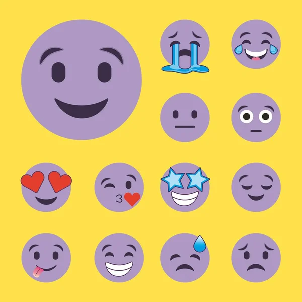 Uppsättning av lila leenden emoji tecknad karaktär ansikten — Stock vektor