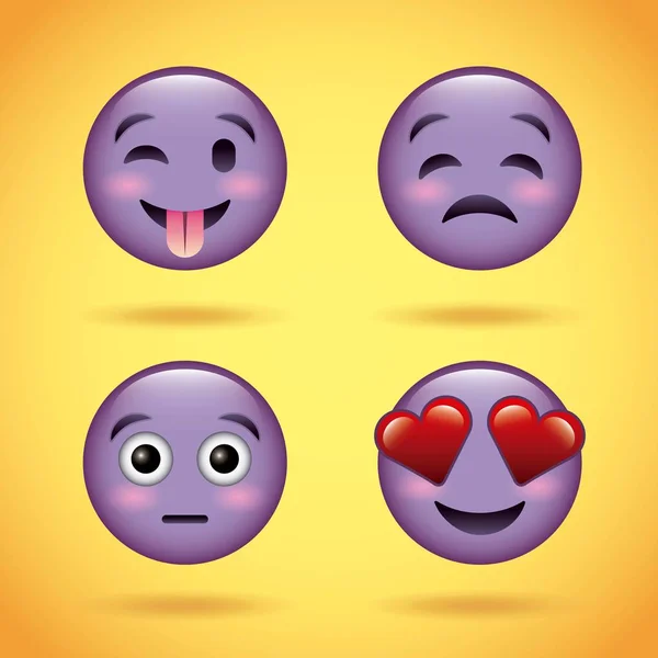 Smiley set purple face with emotions facial expression funny cartoon character — Stock Vector