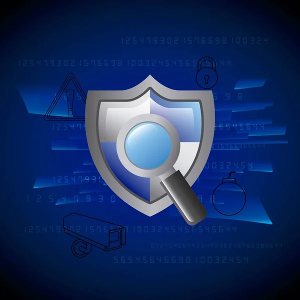 Proteção escudo cinza lupa tecnologia privacidade segurança — Vetor de Stock