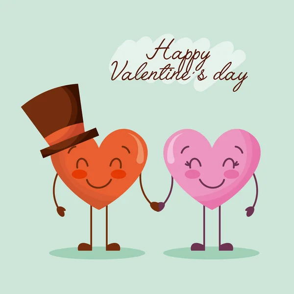 Поздравительные открытки на день Святого Валентина пара Кавайи сердце взявшись за руки — стоковый вектор
