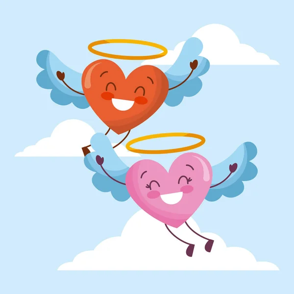 Bonito desenhos animados corações amor flyng asas no céu — Vetor de Stock