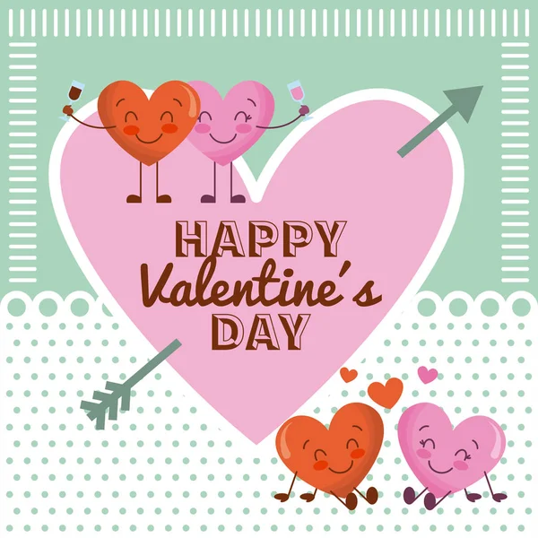 Happy Valentijnsdag roze hart en tekenfilm (echt) paar harten — Stockvector