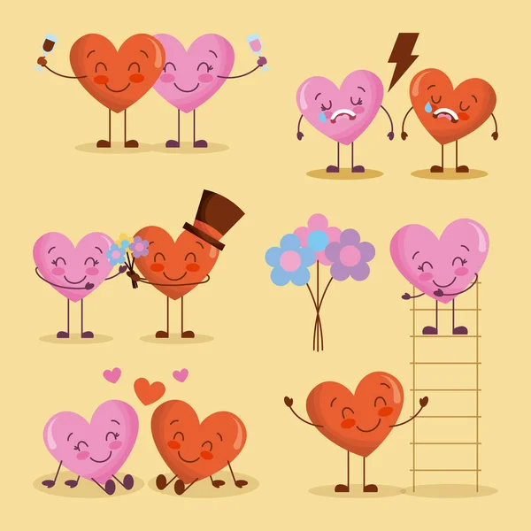 Set of love hearts character happy valentines day — Stock Vector