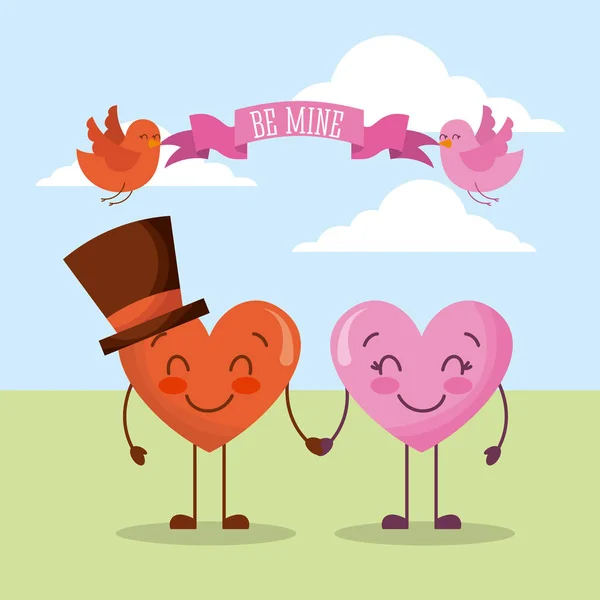 Dos pareja corazones dibujos animados cogidos de la mano ser mina tarjeta invitación — Vector de stock