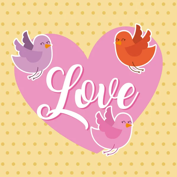 Love pink heart and birds flying card — Stock Vector