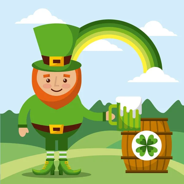 Leprechaun holding green beer and barrel rainbow landscape — Stock Vector