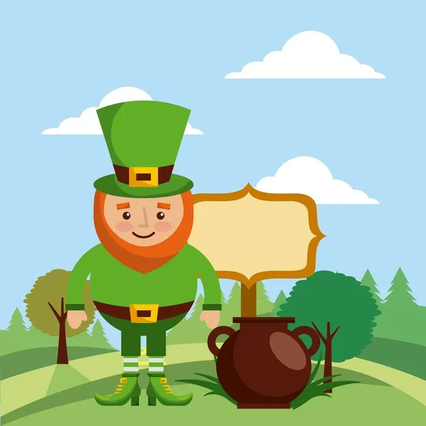 Duende con tabla de caldero y paisaje — Vector de stock