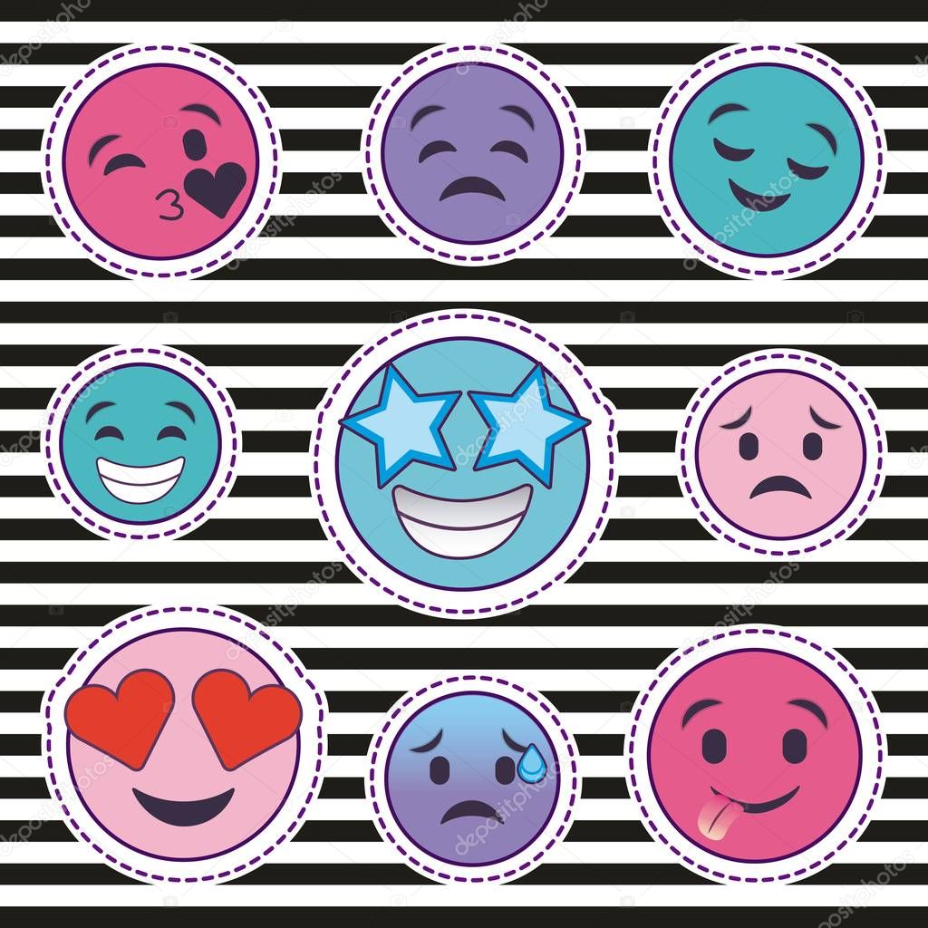 cute set of smile emoticons stickers with striped background
