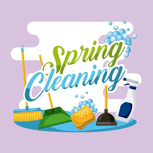 Primavera limpieza cartel casa trabajo equipo — Vector de stock