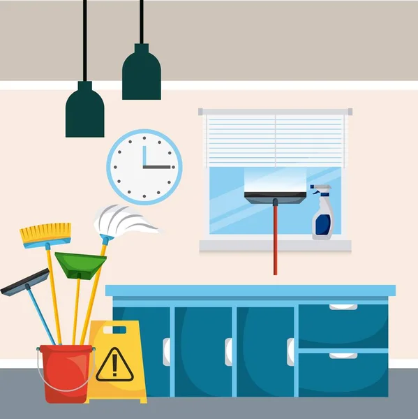Gavetas do armário da sala de limpeza ferramentas do balde do relógio da janela — Vetor de Stock