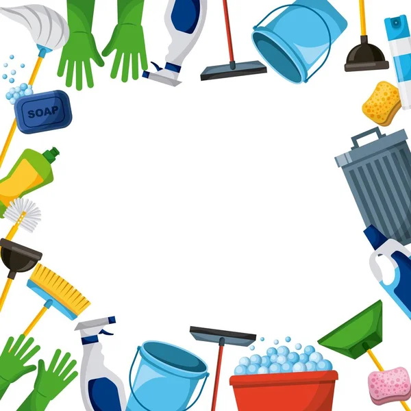 春季清洁用品的边境工具的清扫背景 — 图库矢量图片