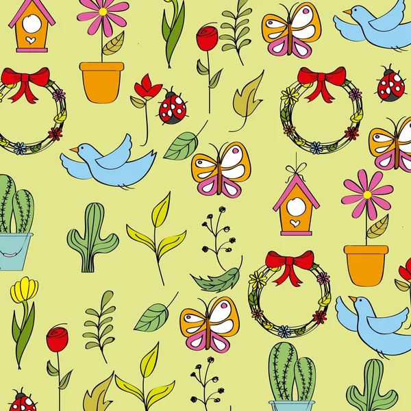 Seamless pattern spring season icons decoration — Stock Vector