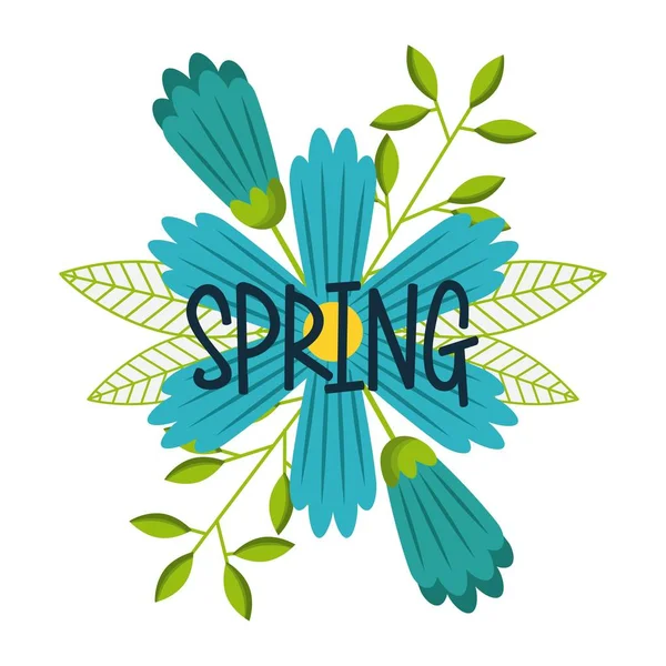 Flor azul con decoración de letras de primavera — Vector de stock