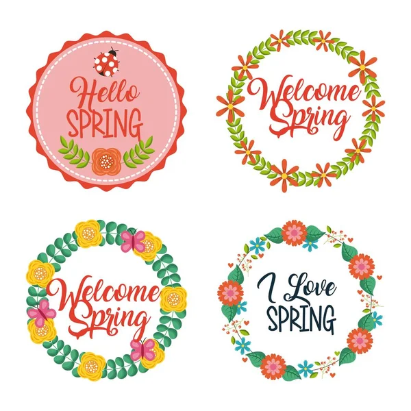 Satz von Frühling typographischen Kranz floralen Etiketten — Stockvektor