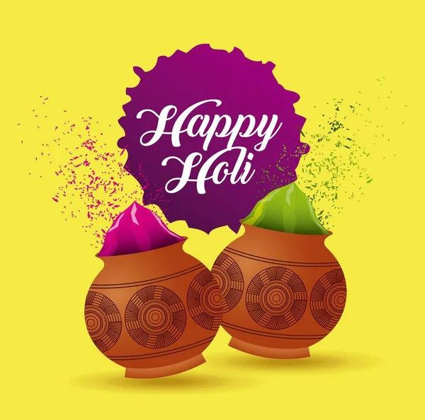 Happy holi poster mud pot color filled yellow background — Stock Vector