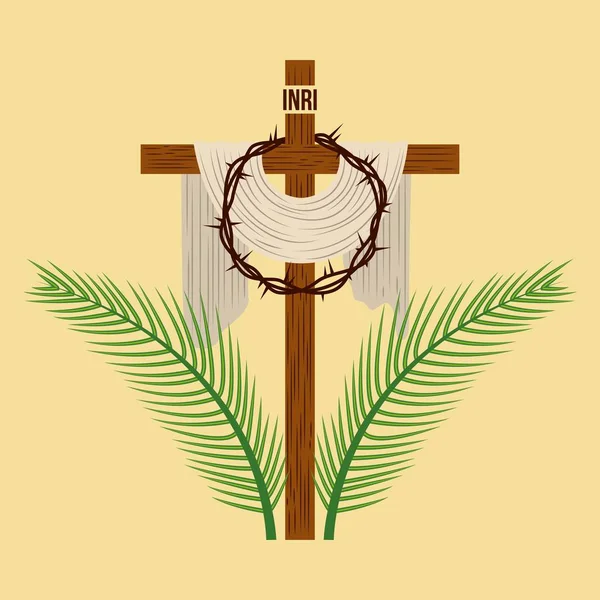 Croix religieuse couronne et branches de palmier — Image vectorielle