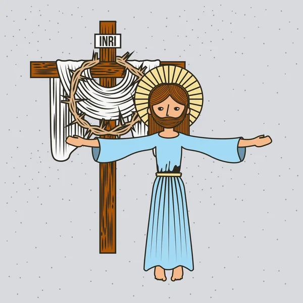 卡通耶稣基督扬升十字和皇冠荆棘 — 图库矢量图片