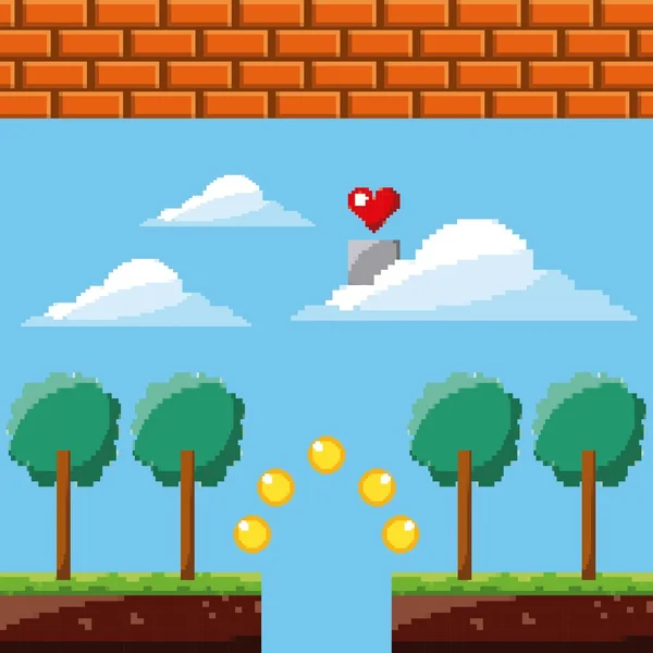 Piksel oyun kalp gökyüzü paralar ağaçlar tuğla duvar — Stok Vektör