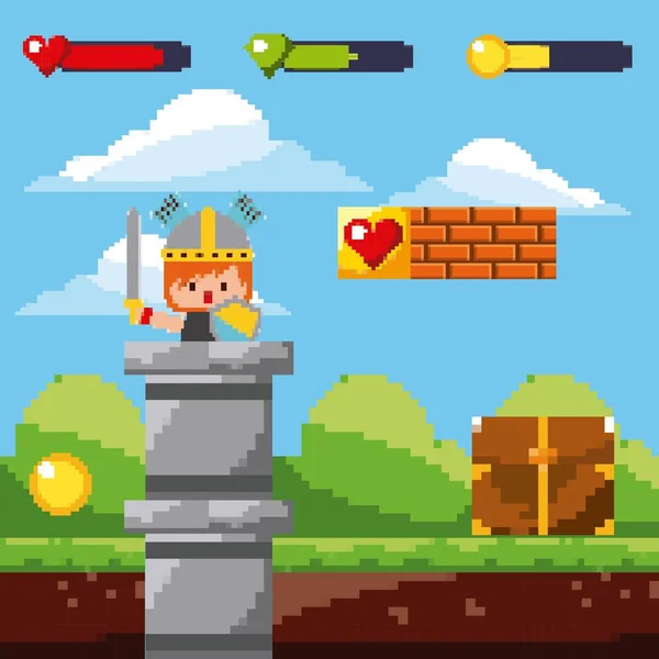 Pixel spel Arkad med krigare treasure landskap — Stock vektor