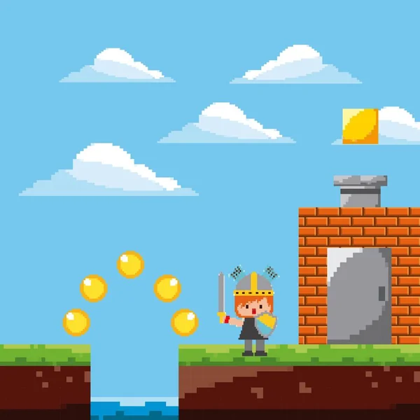 Pixel παιχνίδι πλατφόρμας επίπεδο πολεμιστή πόρτα κέρματα — Διανυσματικό Αρχείο